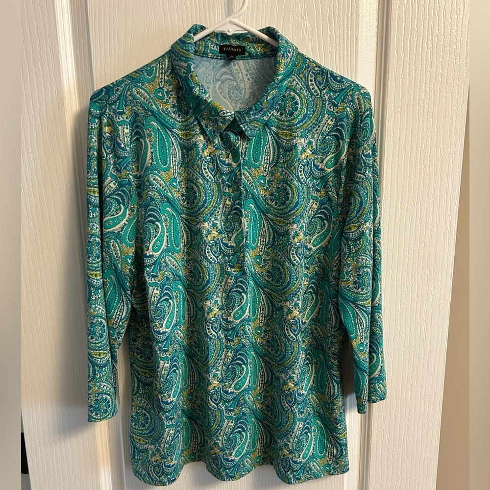 Talbots Teal and Yellow Paisley Button Down Shirt